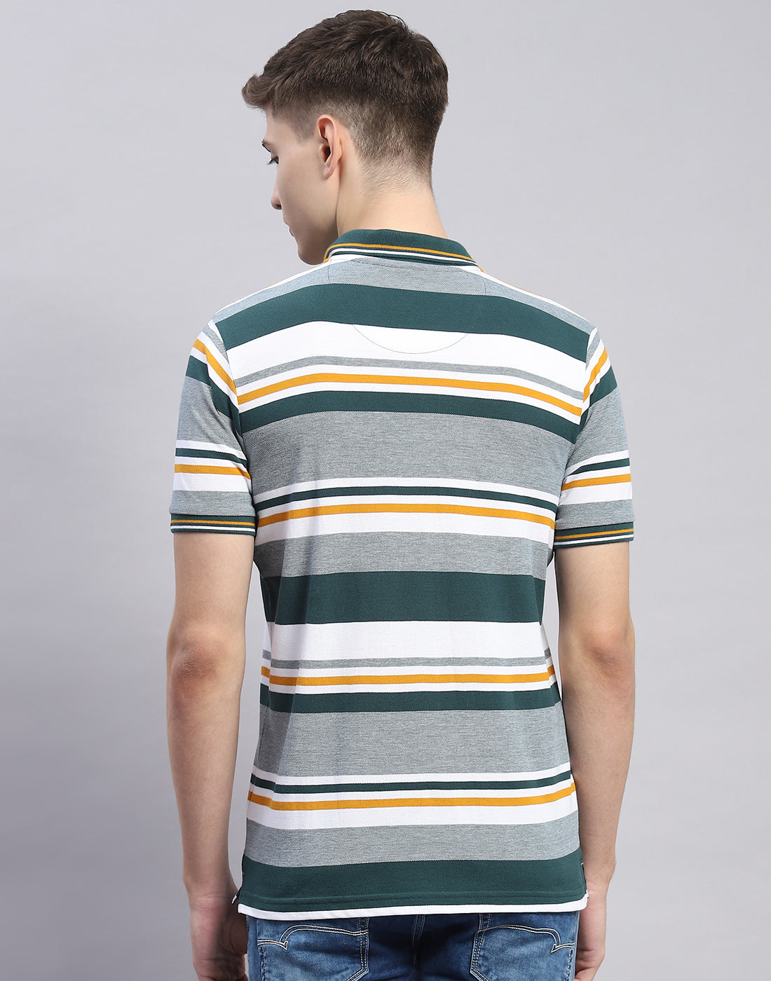 Men Green Stripe Polo Collar Half Sleeve T-Shirt