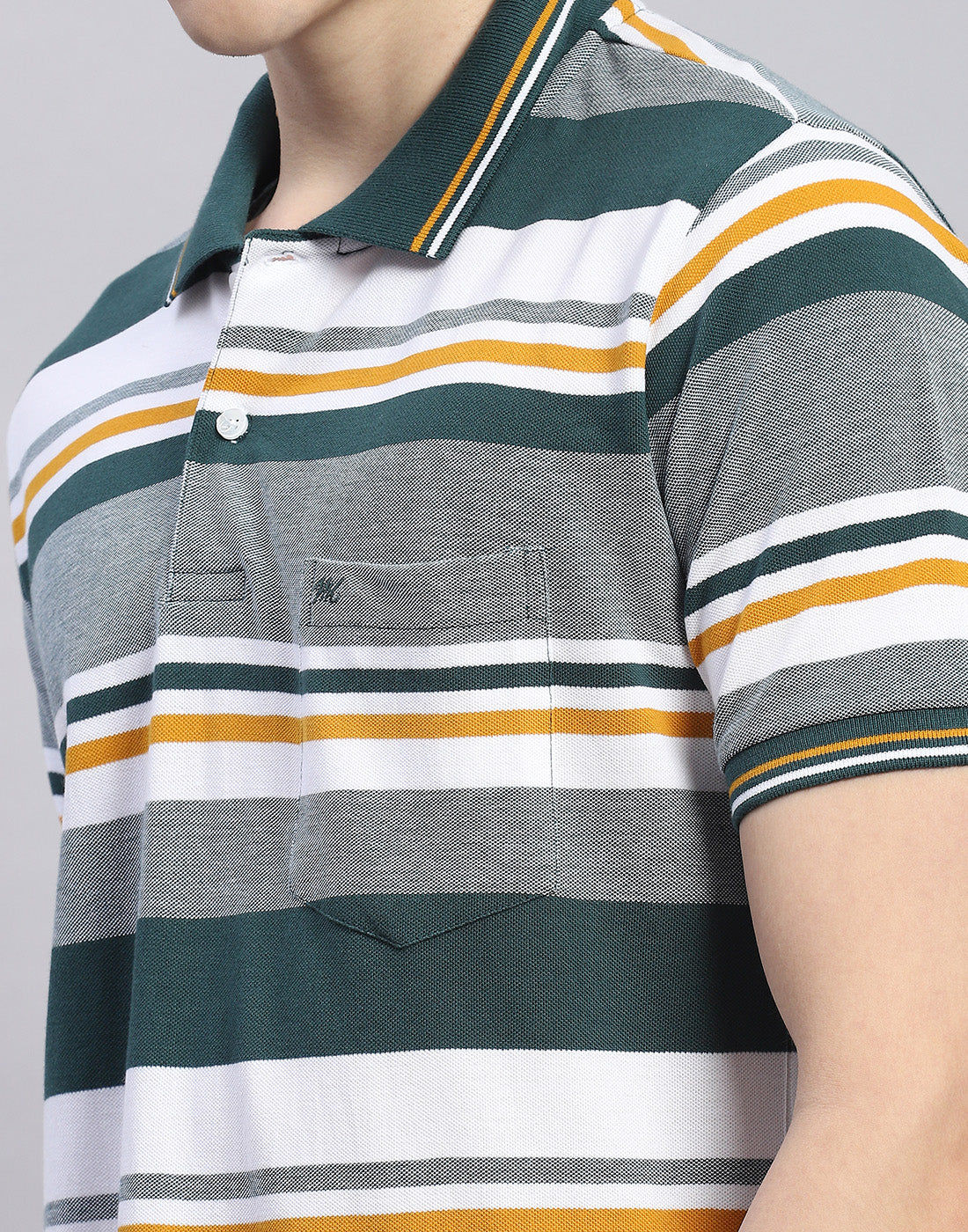 Men Green Stripe Polo Collar Half Sleeve T-Shirt