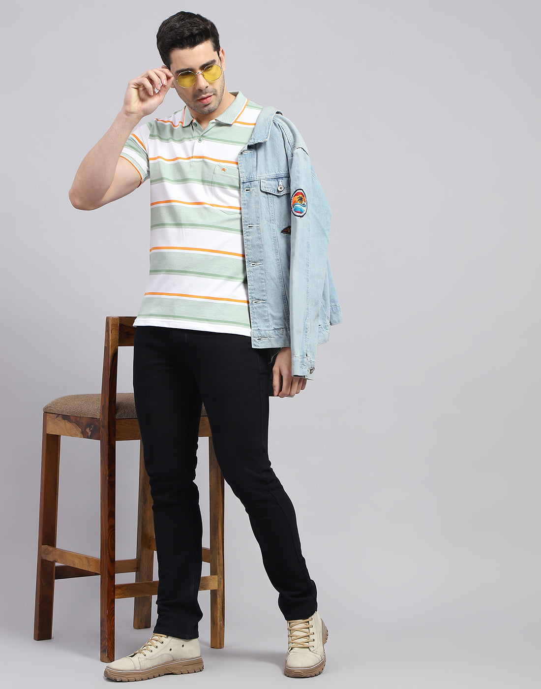 Men Green Stripe Polo Collar Half Sleeve T-Shirt