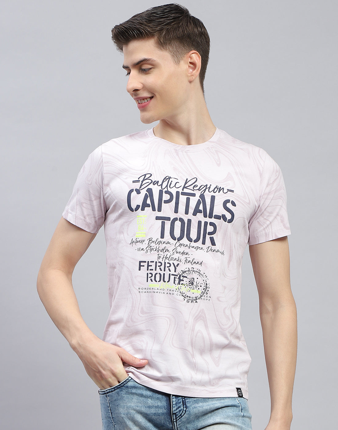 Men Blue Printed Round Neck Half Sleeve T-Shirt