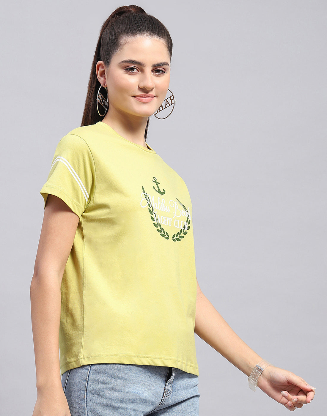 Women Lime Green Printed Round Neck Half Sleeve Top