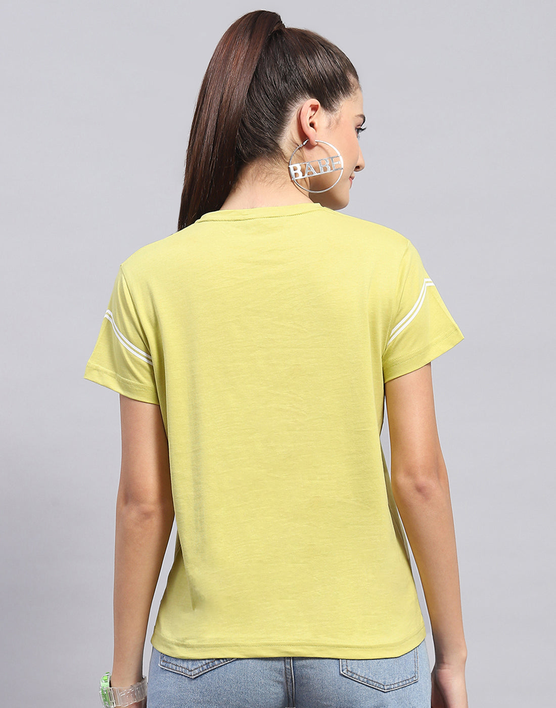 Women Lime Green Printed Round Neck Half Sleeve Top