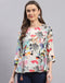 Women Off White Printed Boat Neck 3/4 Sleeve Top