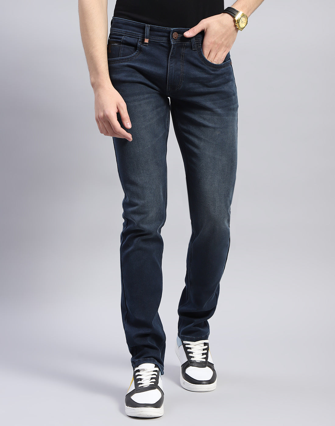 Men Navy Blue Light Wash Narrow Fit Denim