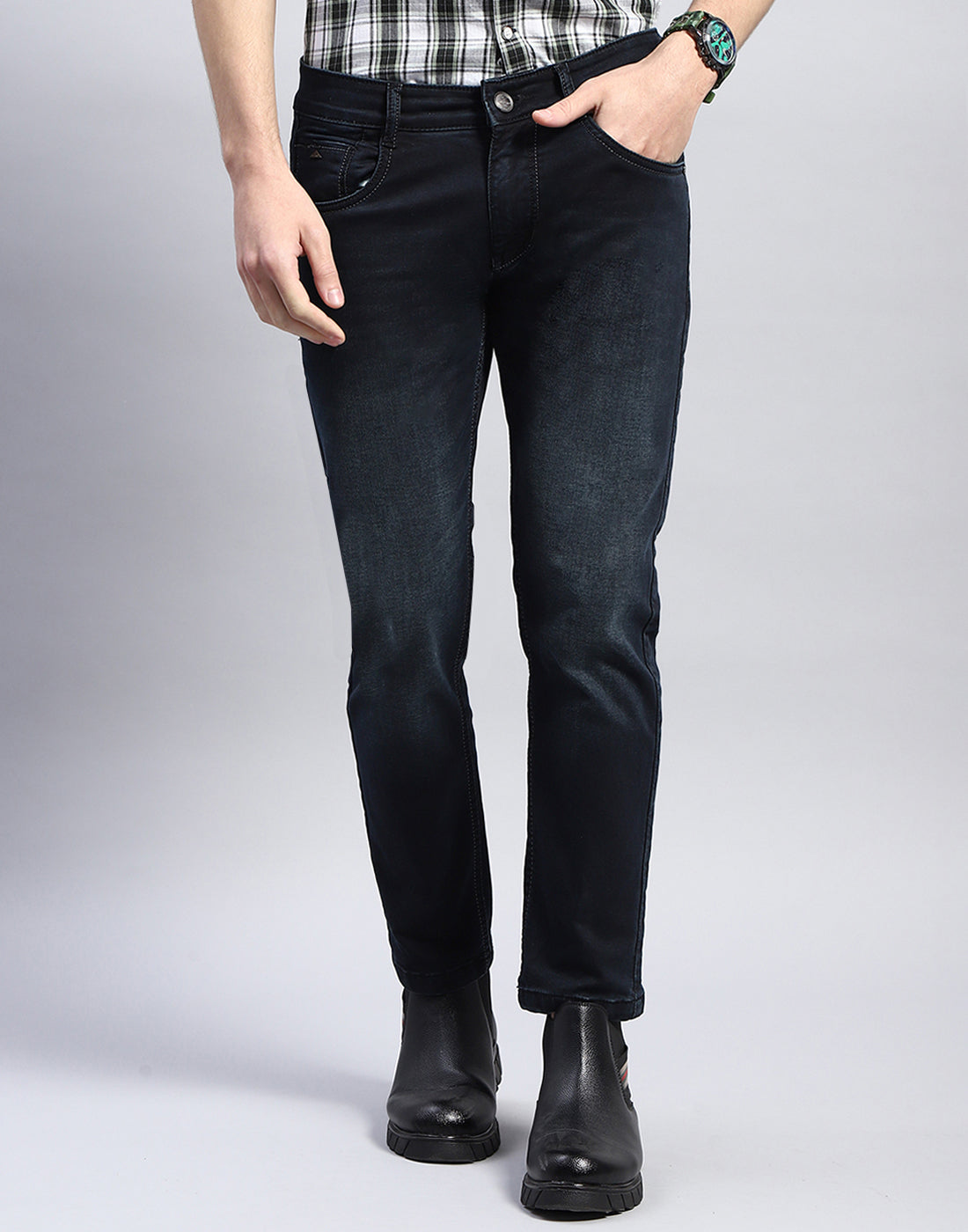 Men Navy Blue Light Wash Slim Fit Denim