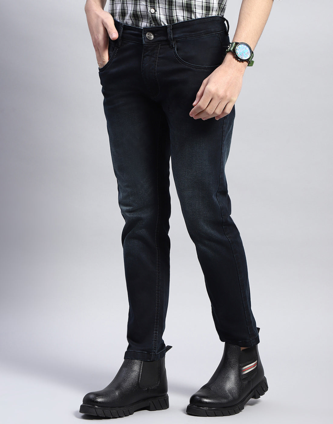 Men Navy Blue Light Wash Slim Fit Denim