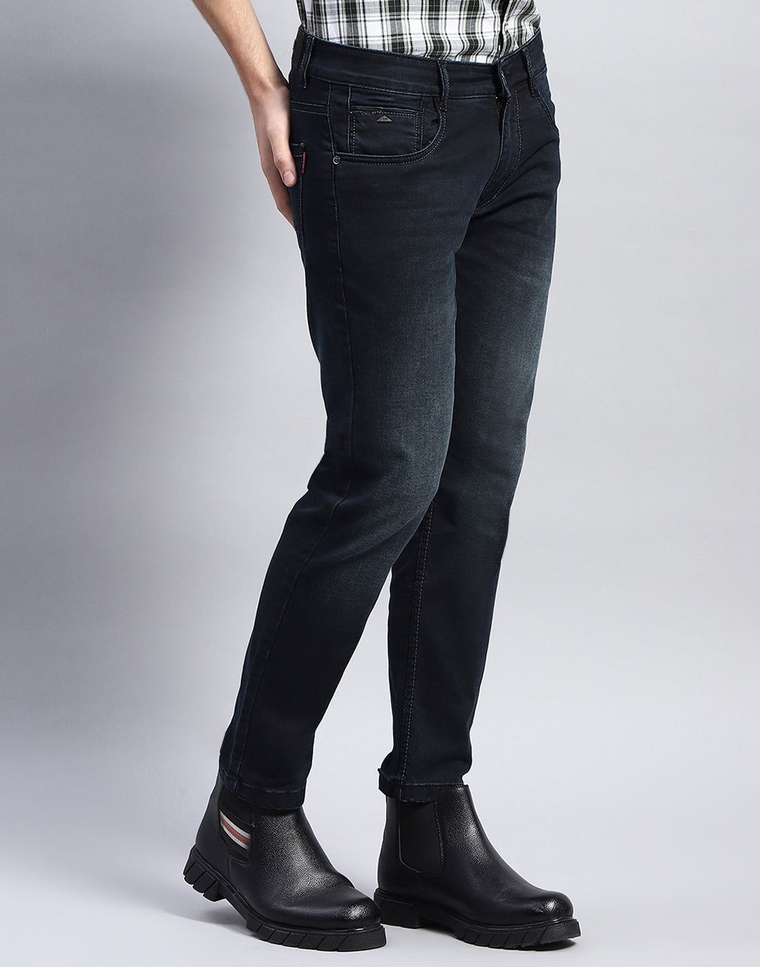 Men Navy Blue Light Wash Slim Fit Denim