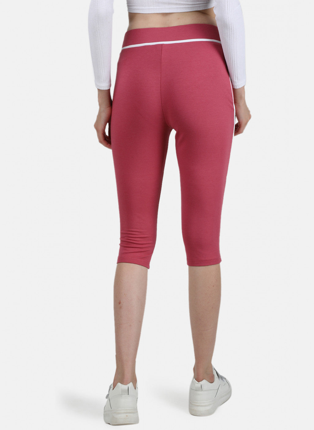 Womens Dark Pink & White Plain Capri