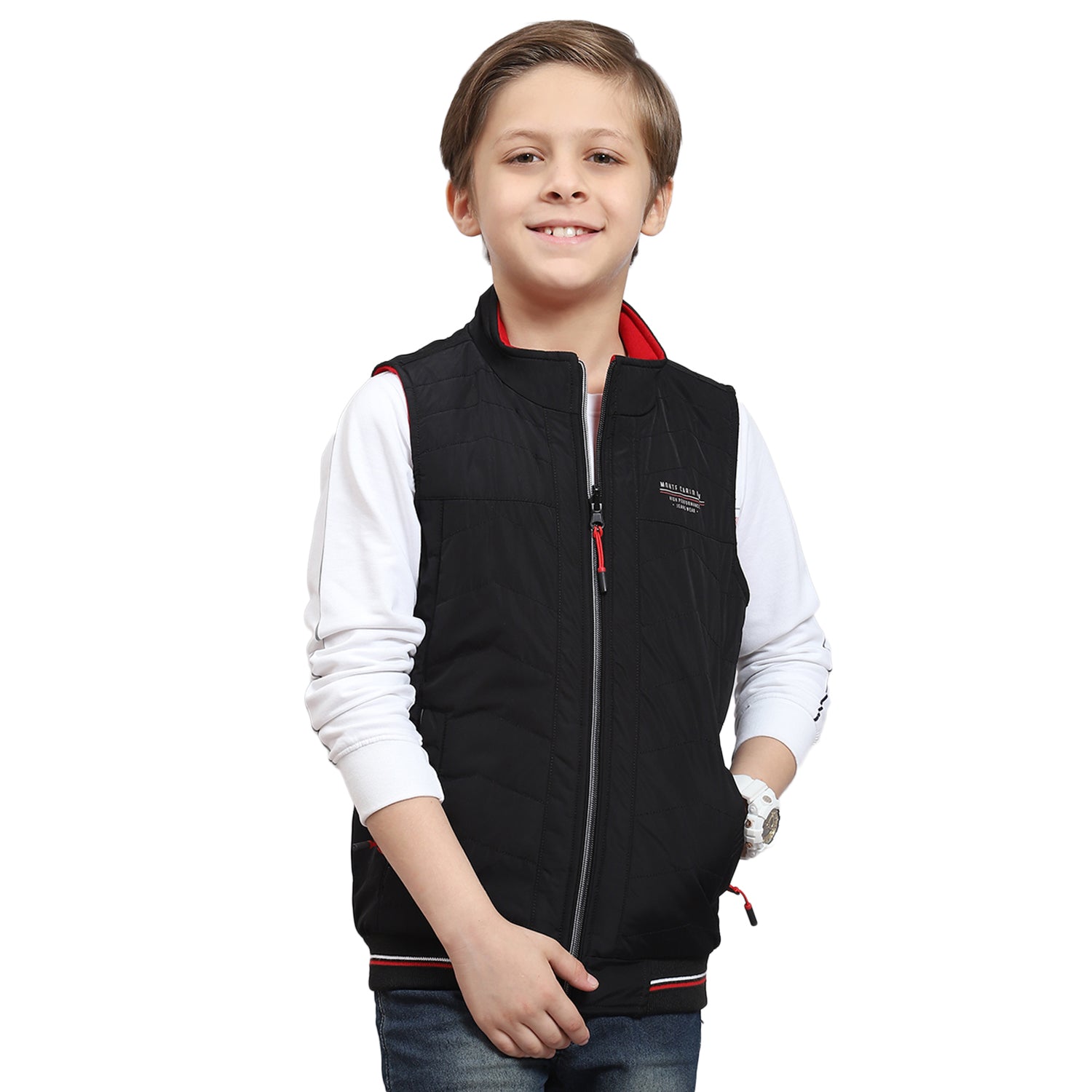 Boys Black Solid Stand Collar Sleeveless Boys Jacket