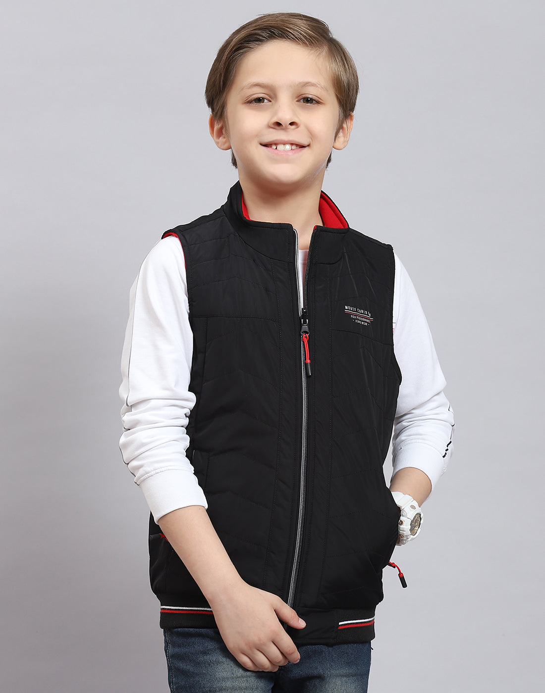 Boys Black Solid Stand Collar Sleeveless Boys Jacket