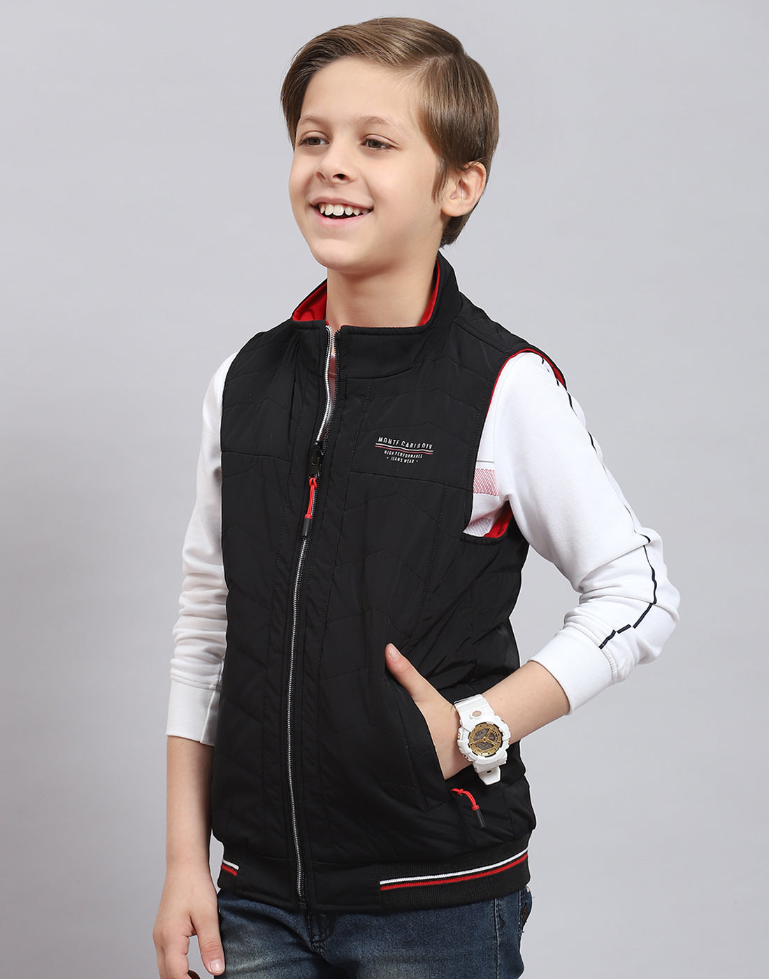 Boys Black Solid Stand Collar Sleeveless Boys Jacket