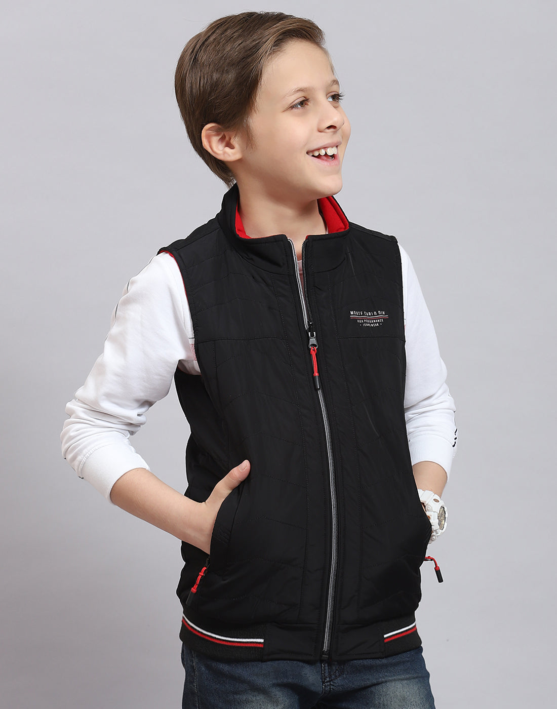 Boys Black Solid Stand Collar Sleeveless Boys Jacket