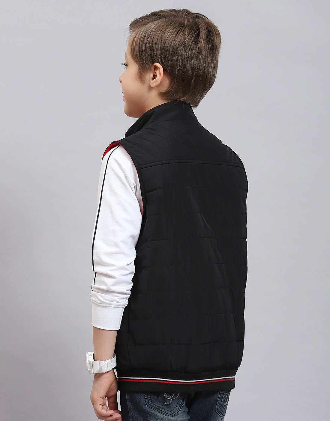 Boys Black Solid Stand Collar Sleeveless Boys Jacket