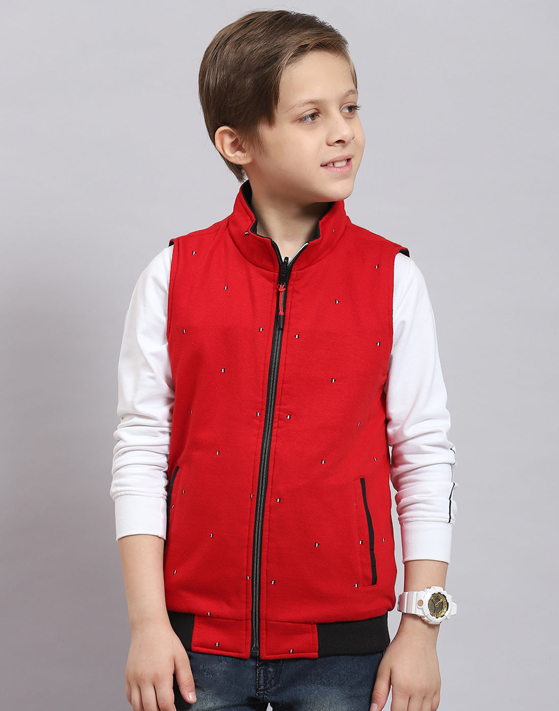 Boys Black Solid Stand Collar Sleeveless Boys Jacket
