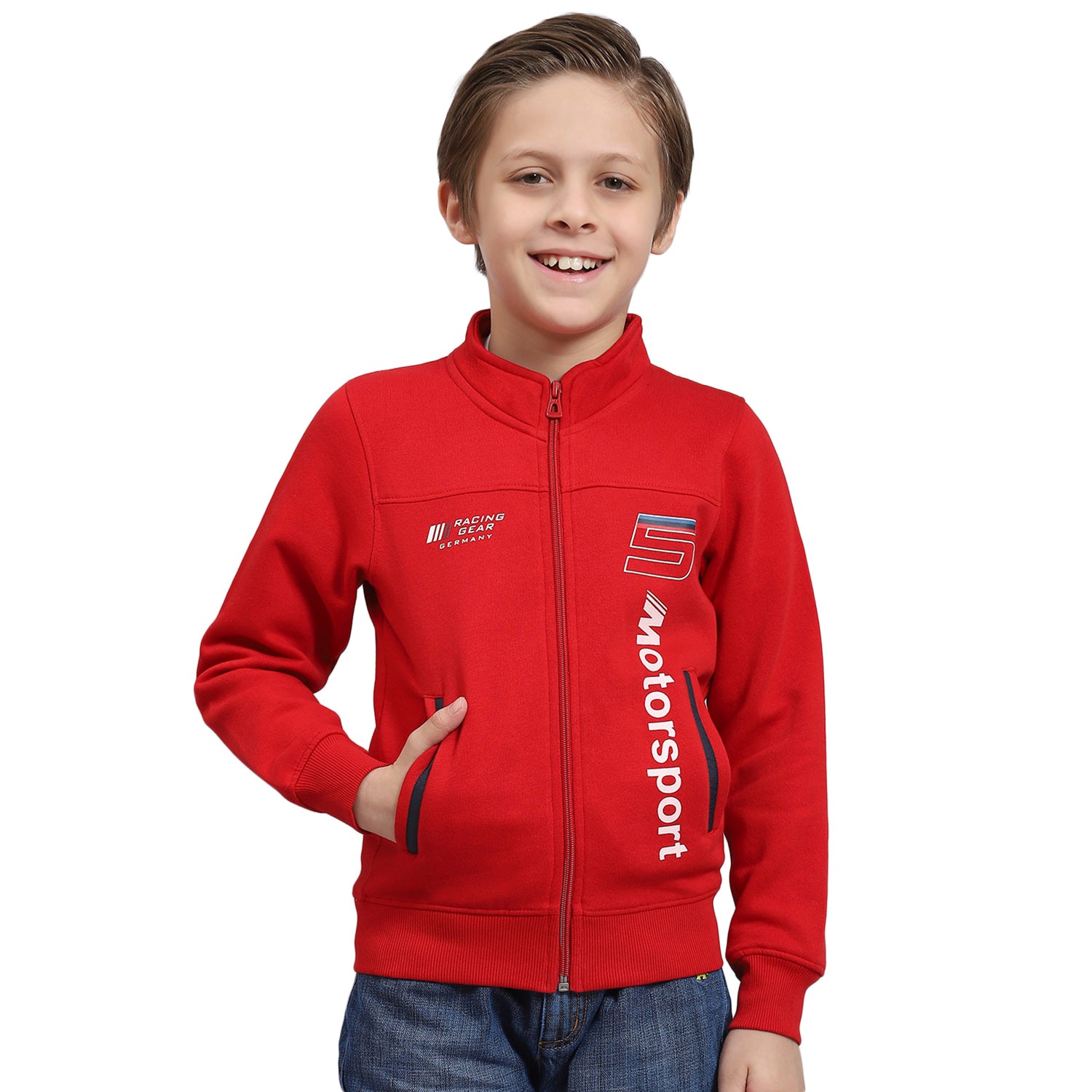Boys Red Printed Stand Collar Full Sleeve Sweatshirt