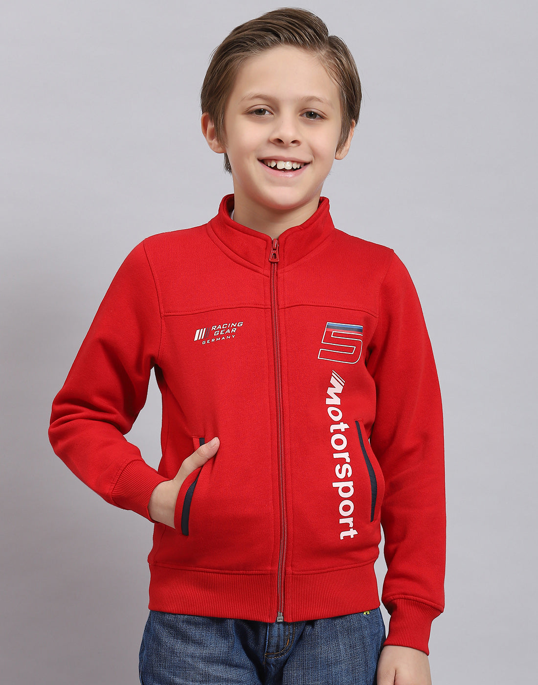 Boys Red Printed Stand Collar Full Sleeve Sweatshirt
