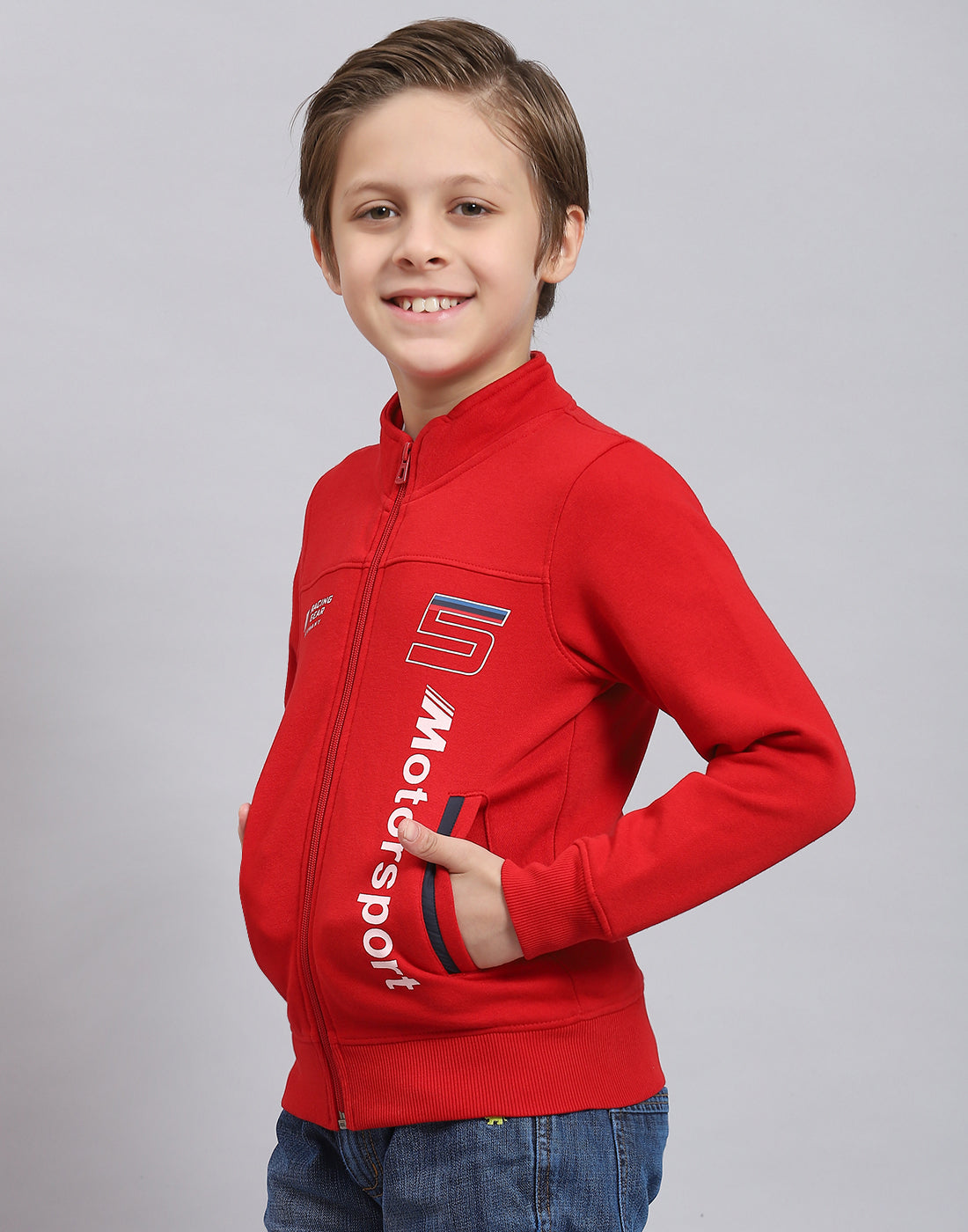 Boys Red Printed Stand Collar Full Sleeve Sweatshirt