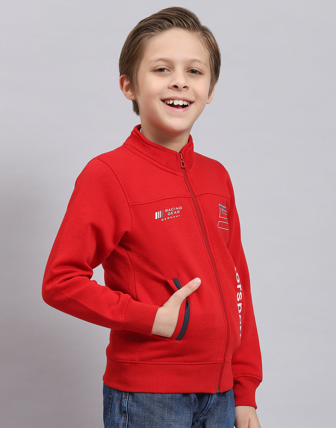 Boys Red Printed Stand Collar Full Sleeve Sweatshirt