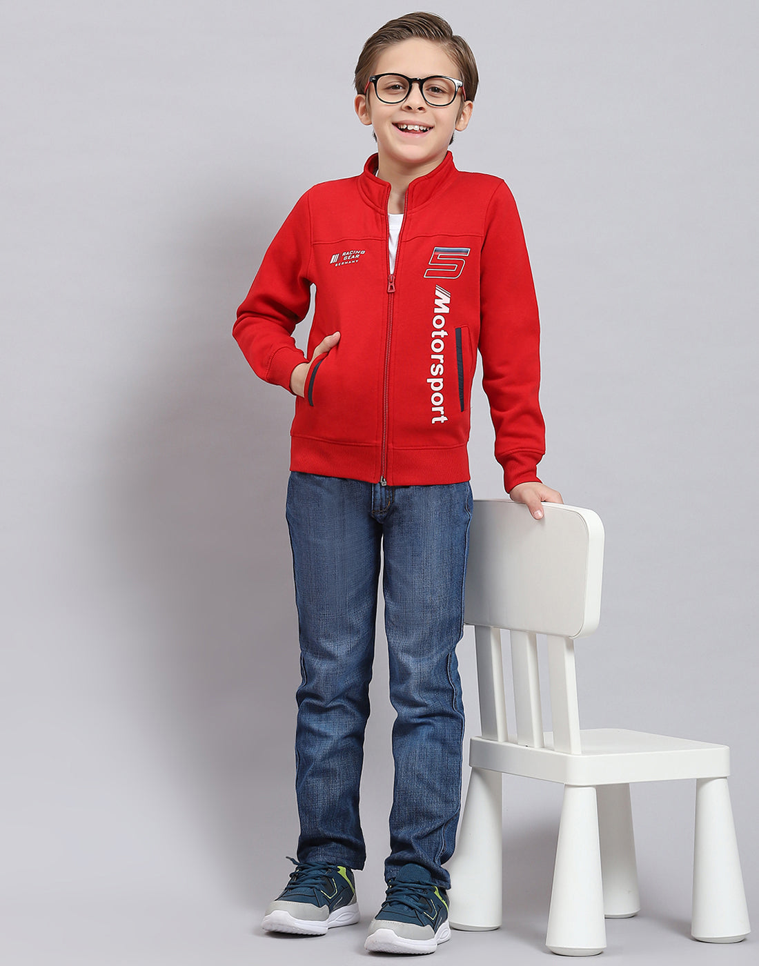 Boys Red Printed Stand Collar Full Sleeve Sweatshirt