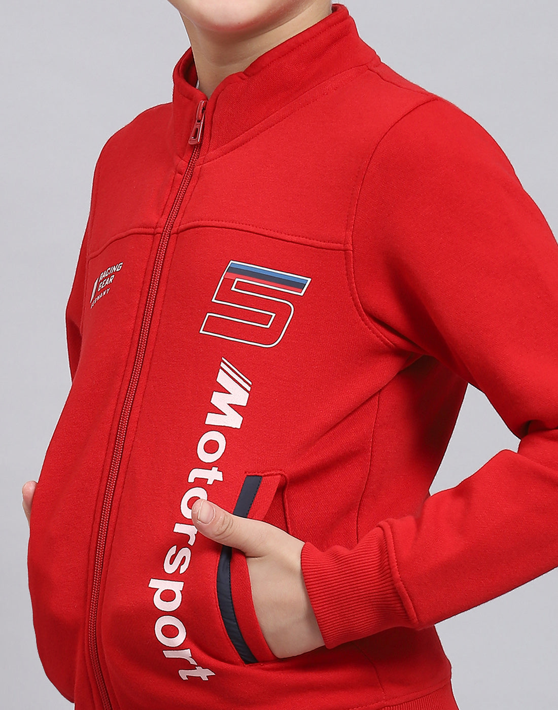 Boys Red Printed Stand Collar Full Sleeve Sweatshirt