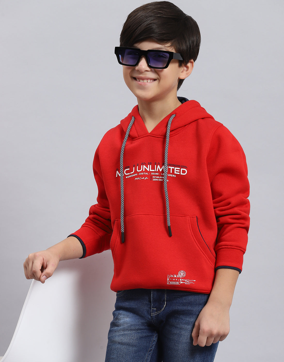 Boys Red Printed Hooded Full Sleeve Sweatshirt