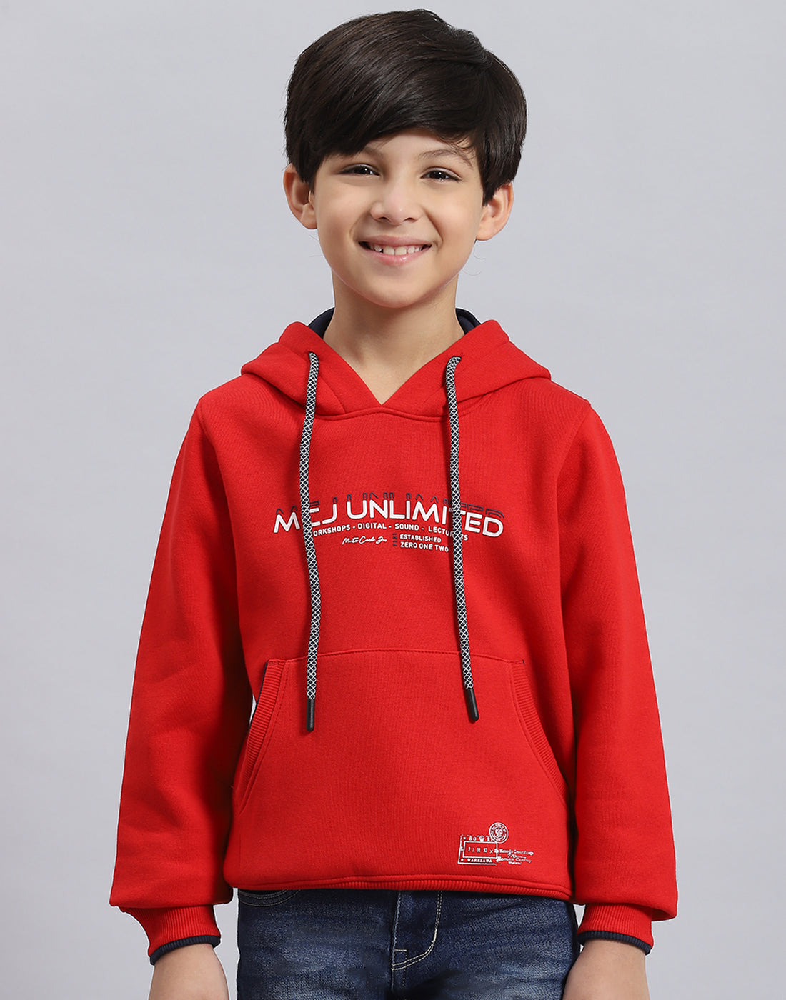 Boys Red Printed Hooded Full Sleeve Sweatshirt