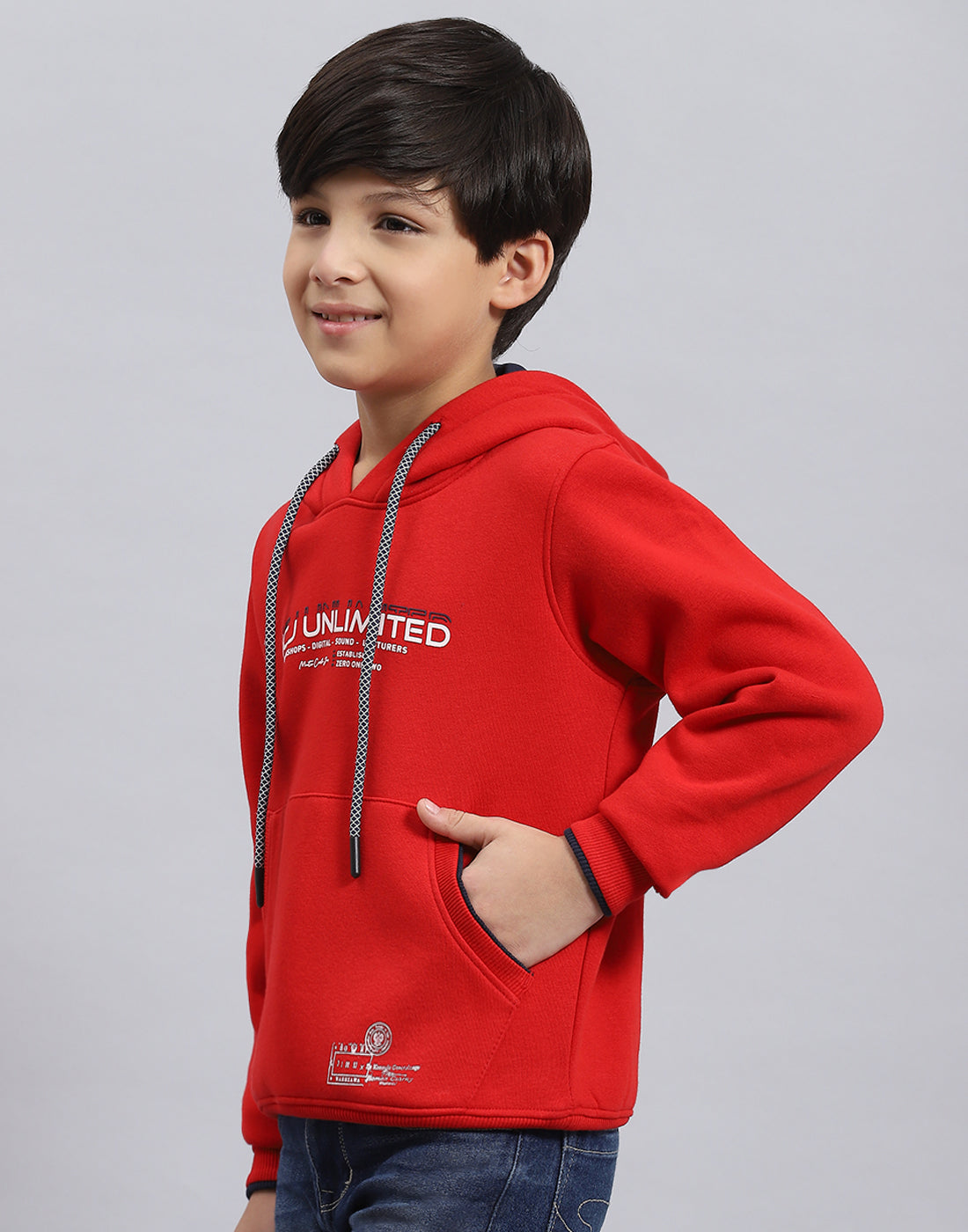Boys Red Printed Hooded Full Sleeve Sweatshirt