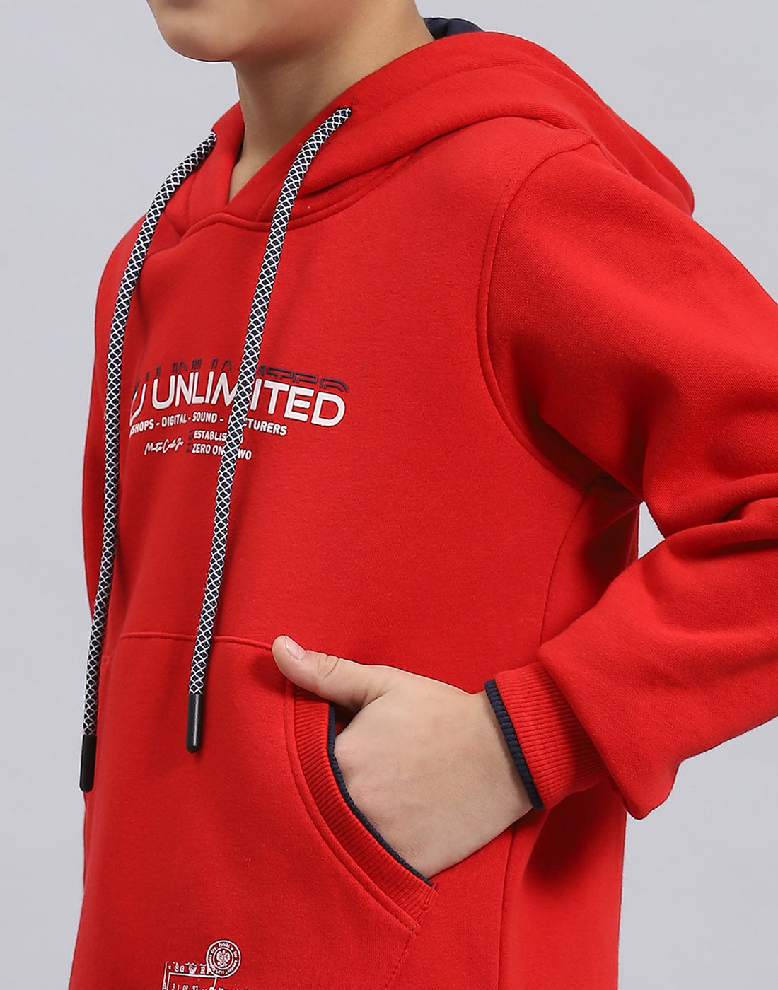 Boys Red Printed Hooded Full Sleeve Sweatshirt