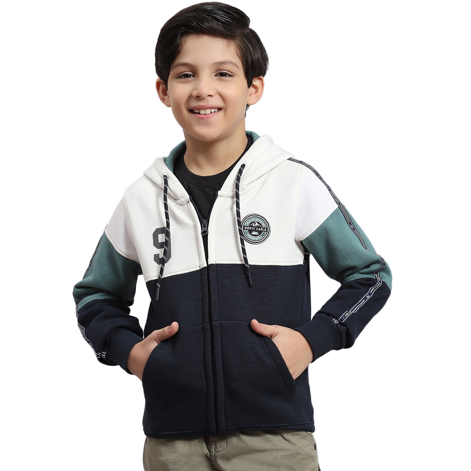 Boys Navy Blue Printed Hooded Full Sleeve Sweatshirt
