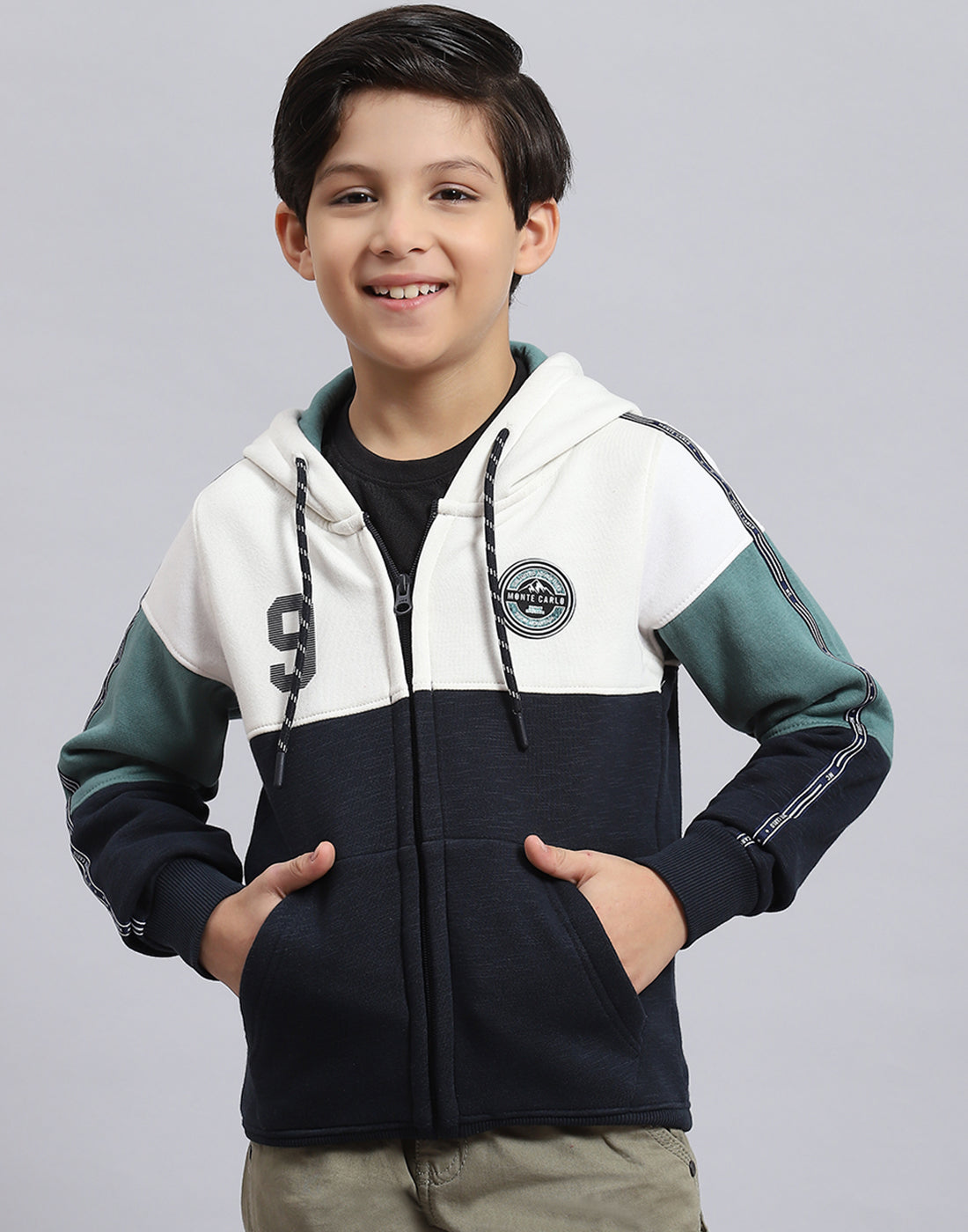 Boys Navy Blue Printed Hooded Full Sleeve Sweatshirt
