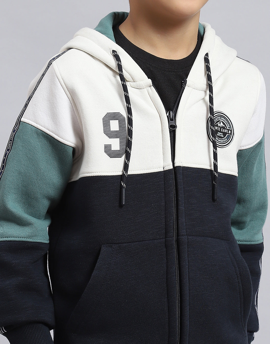 Boys Navy Blue Printed Hooded Full Sleeve Sweatshirt