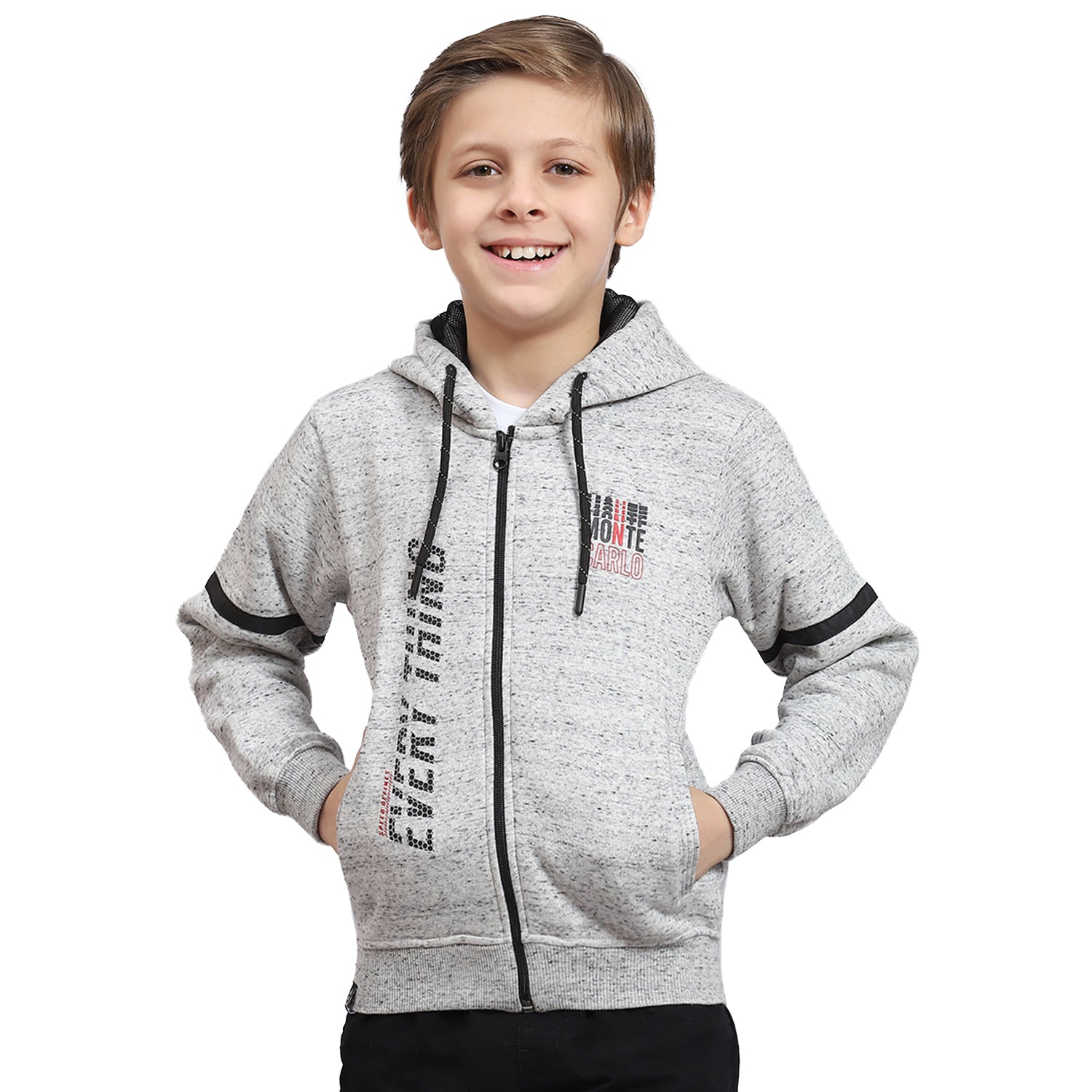 Boys Grey Melange Printed Hooded Full Sleeve Sweatshirt