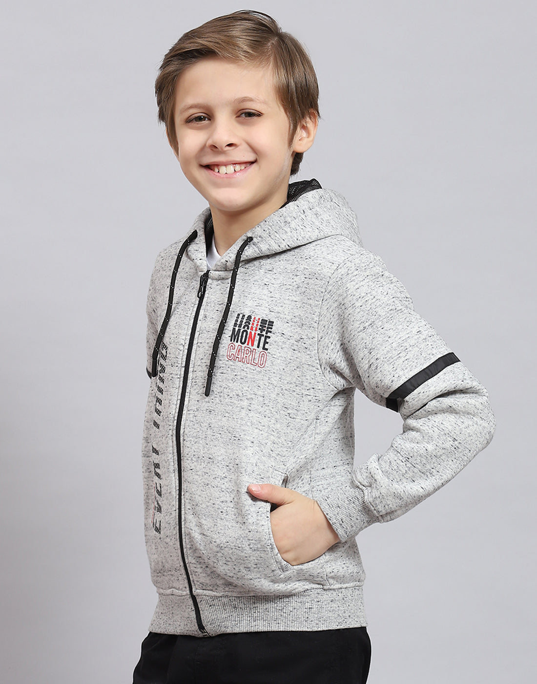 Boys Grey Melange Printed Hooded Full Sleeve Sweatshirt