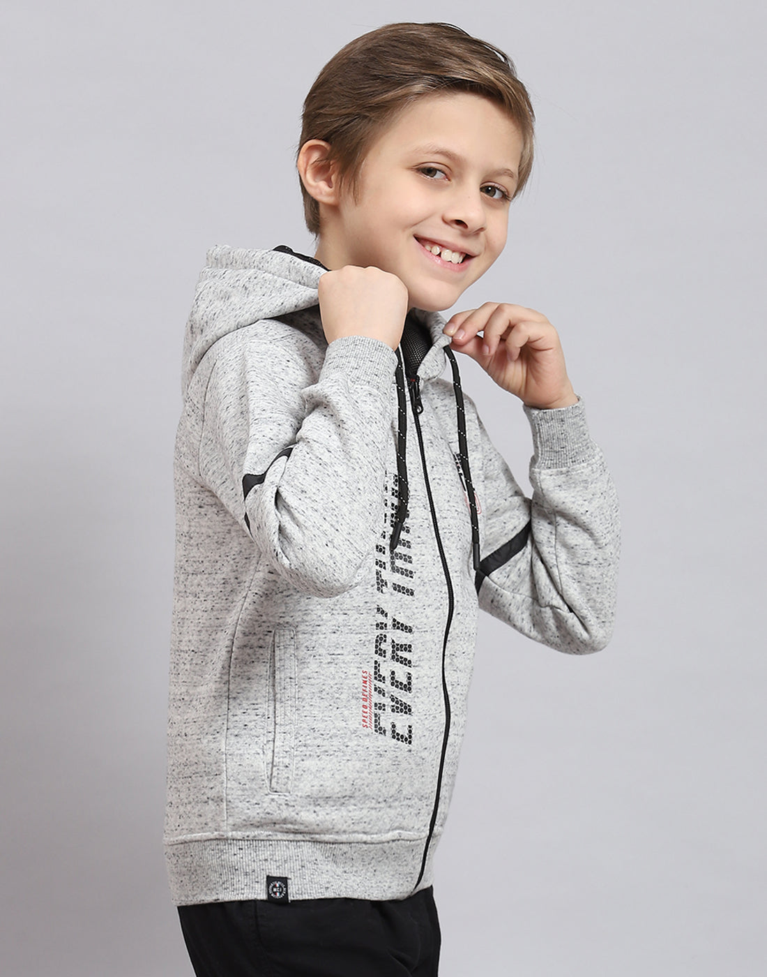 Boys Grey Melange Printed Hooded Full Sleeve Sweatshirt
