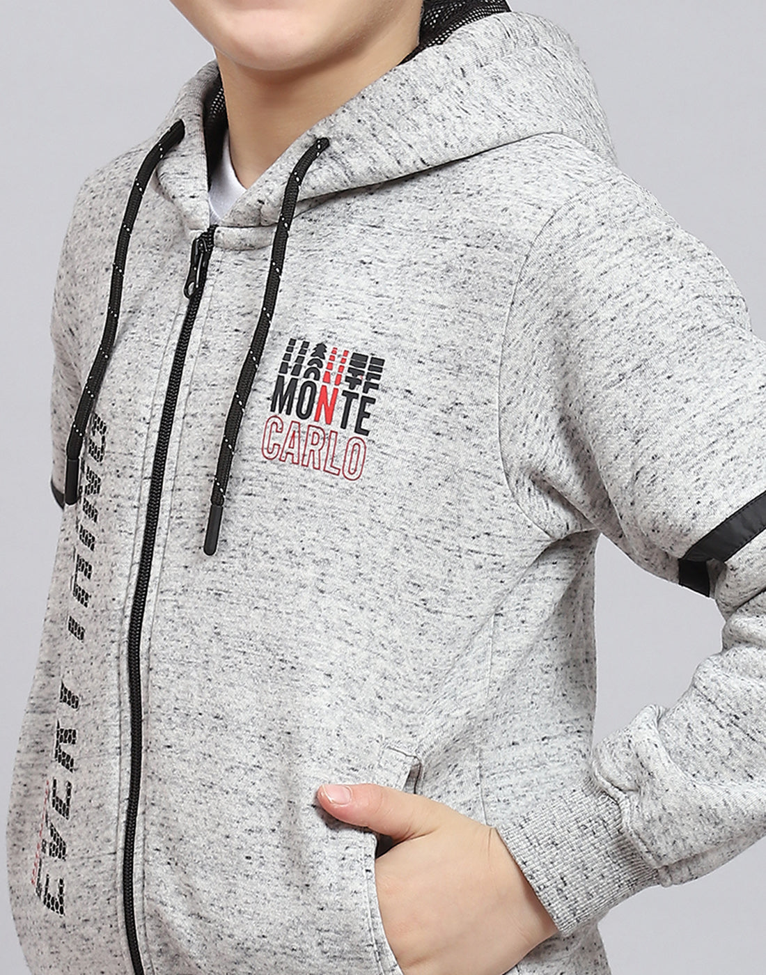 Boys Grey Melange Printed Hooded Full Sleeve Sweatshirt