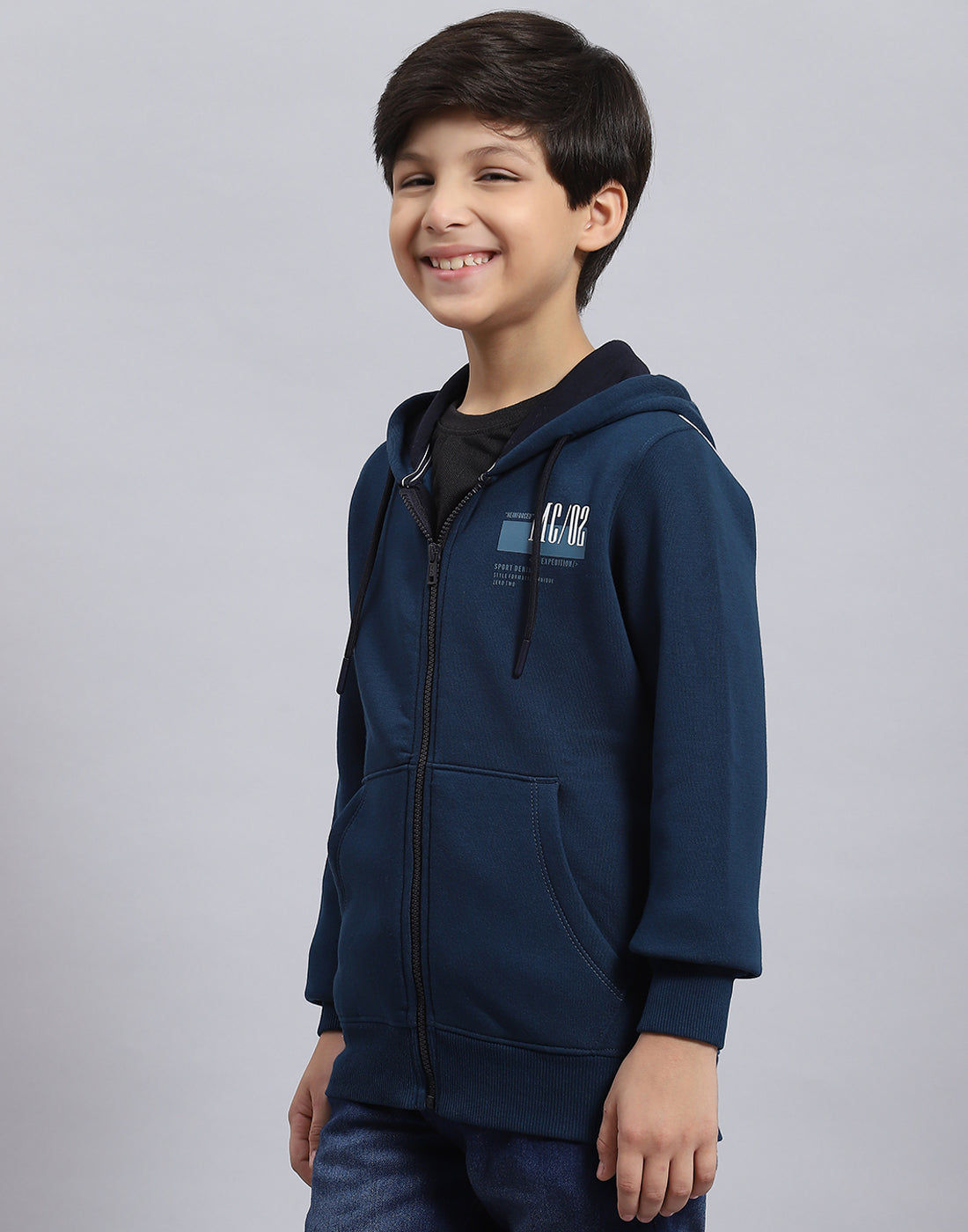 Boys Teal Blue Printed Hooded Full Sleeve Sweatshirt