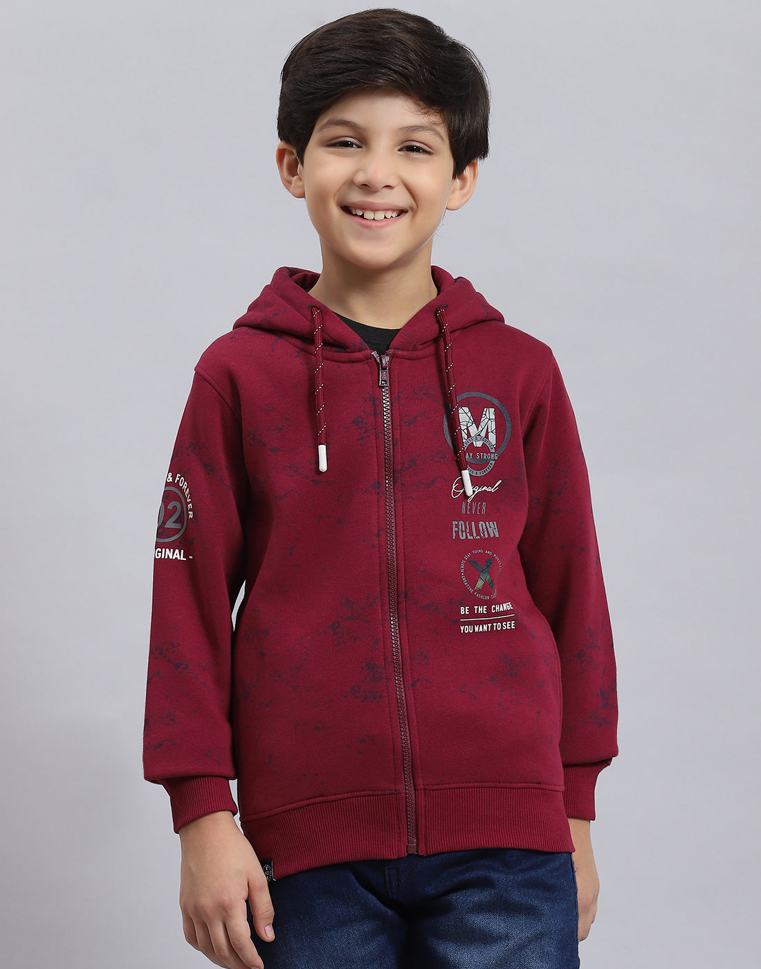Boys Maroon Printed Hooded Full Sleeve Sweatshirt