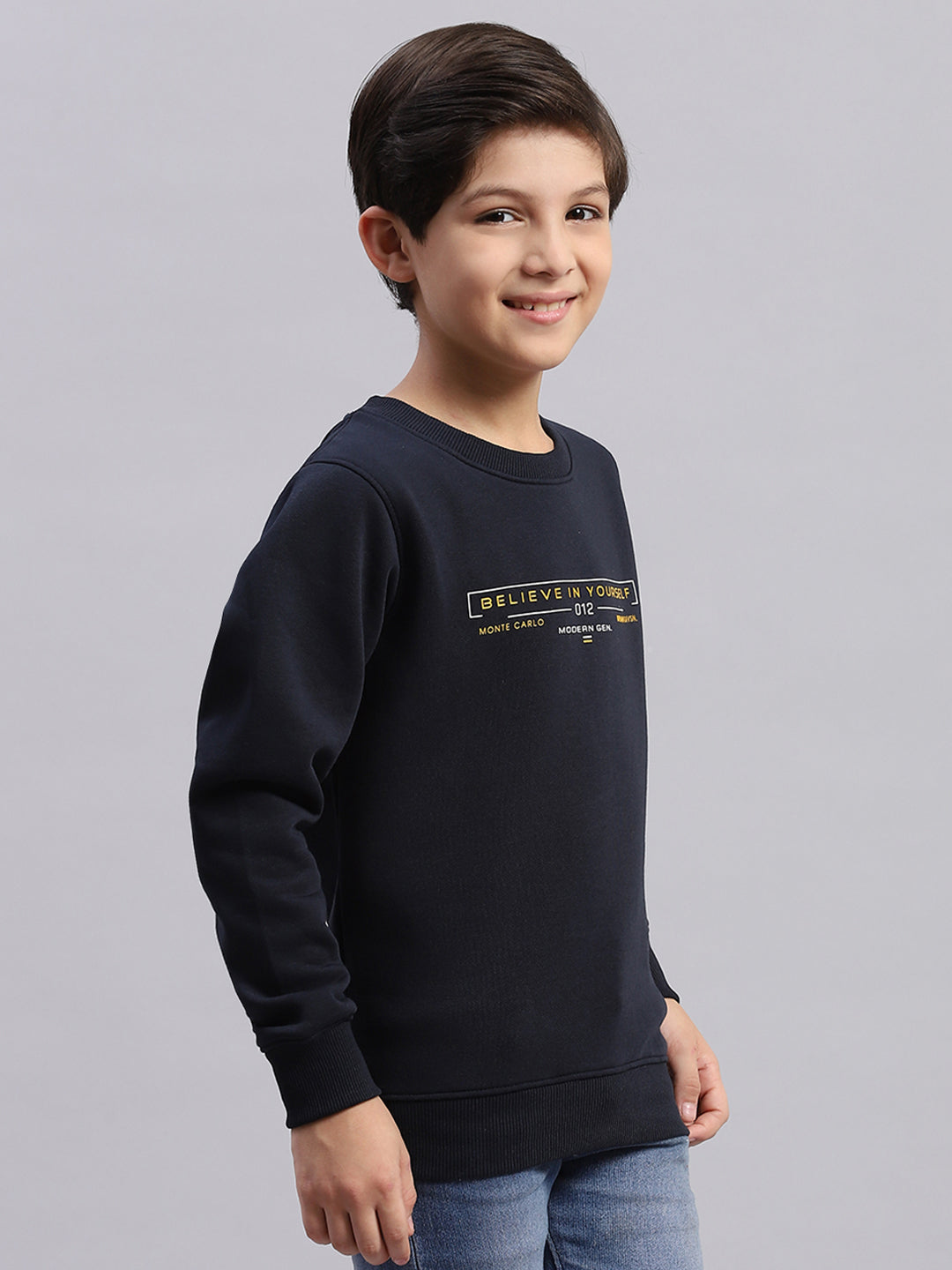 Boys Navy Blue Printed Round Neck Full Sleeve Sweatshirt