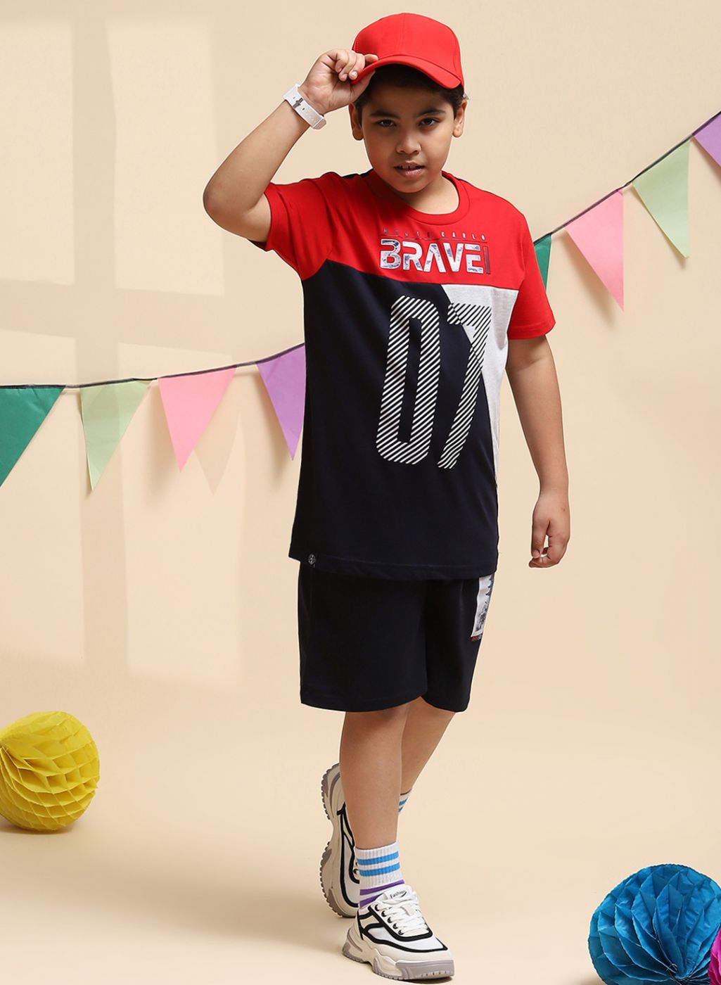 Boys Red & NAvy Blue Printed Bermuda Set