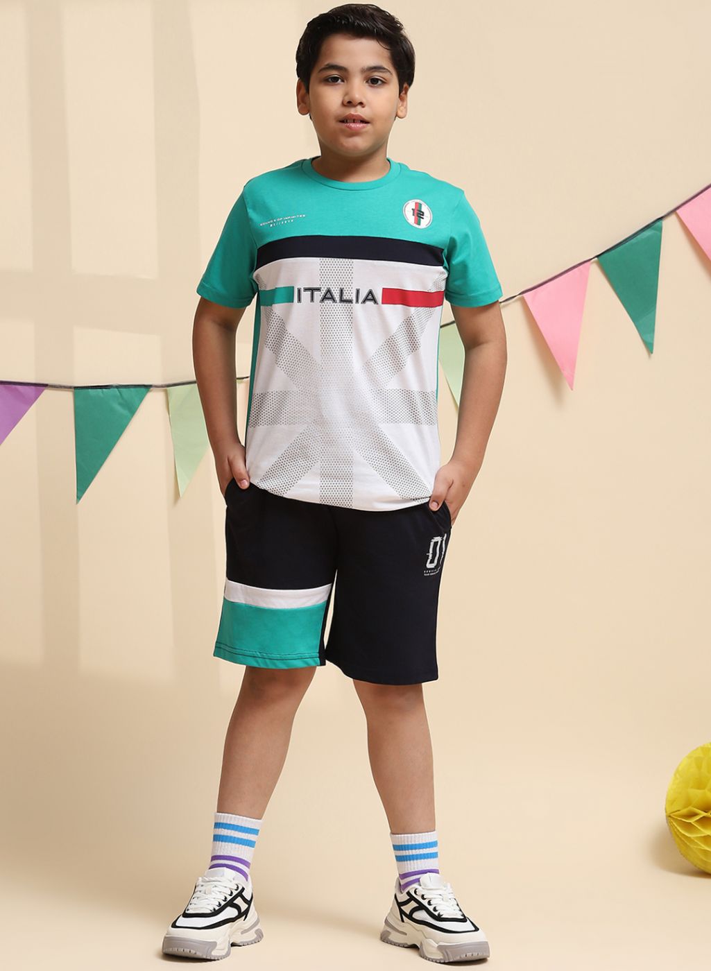 Boys Green & NAvy Blue Printed Bermuda Set