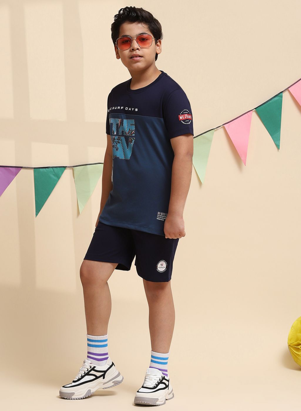 Boys NAvy Blue Printed Bermuda Set