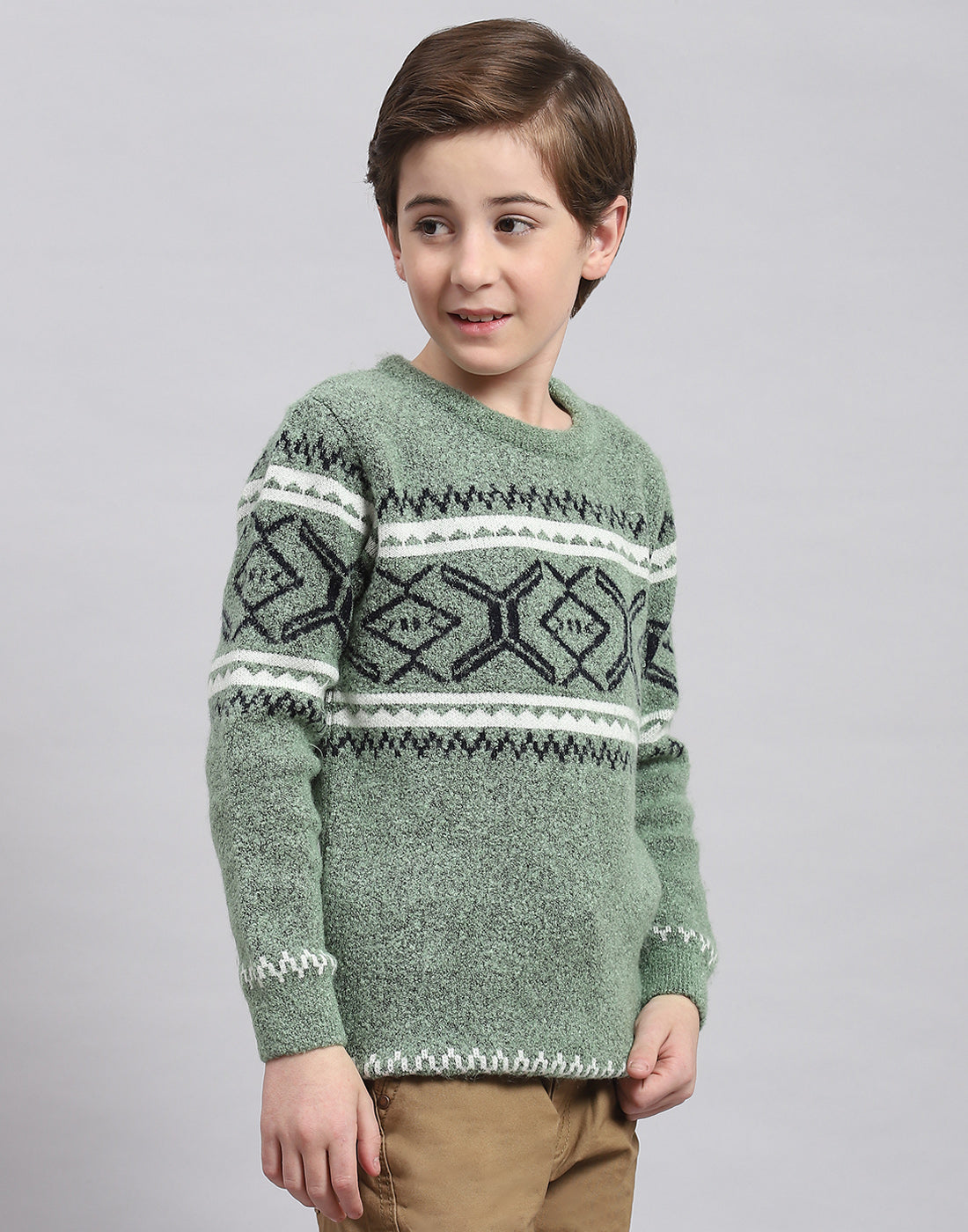 Boys Green Self Design Round Neck Full Sleeve Sweater