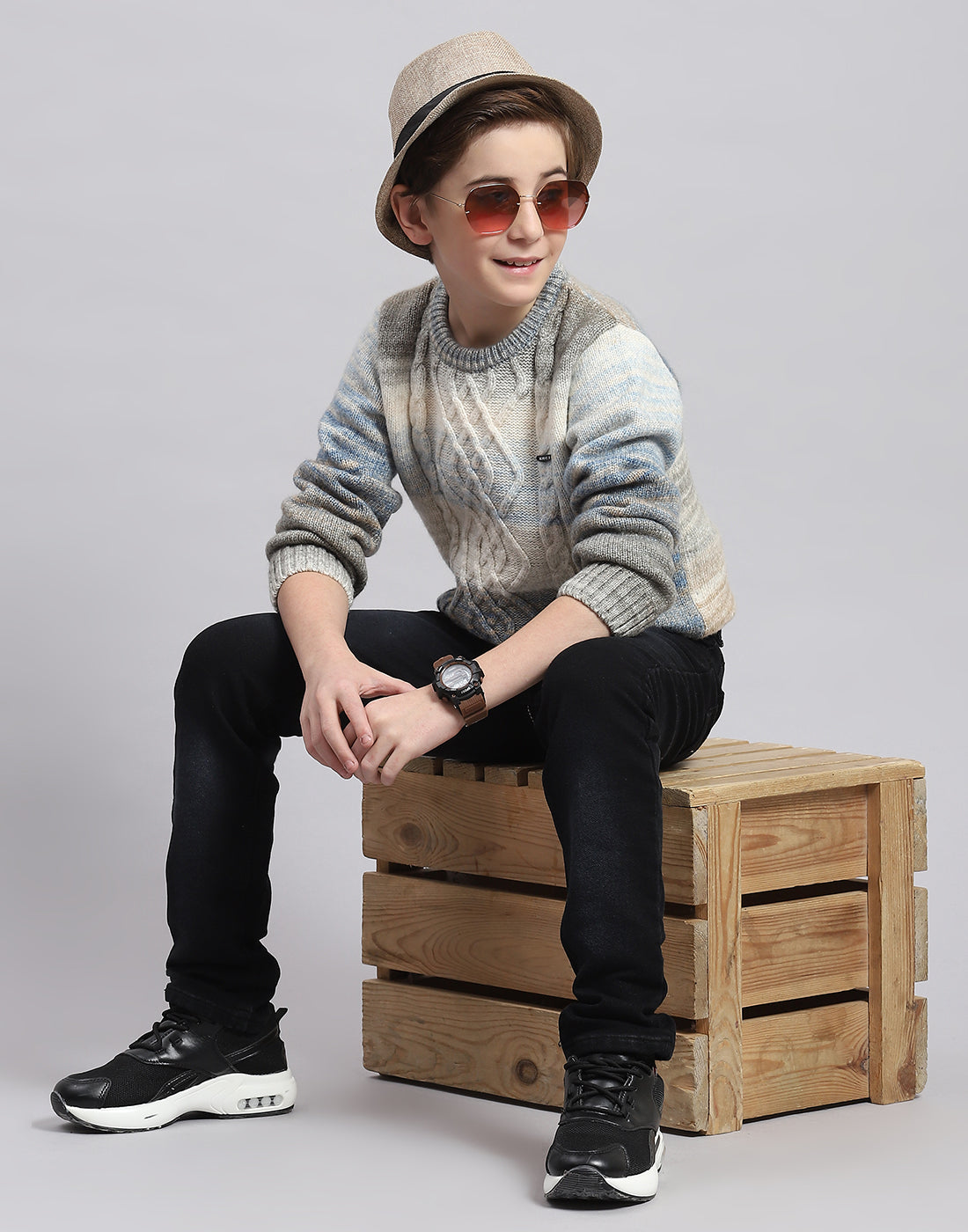Boys Multicolor Self Design Round Neck Full Sleeve Sweater
