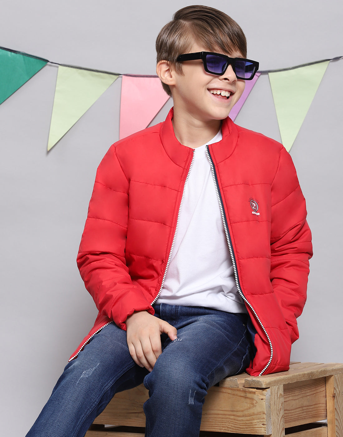Boys Red Solid Stand Collar Full Sleeve Boys Jacket