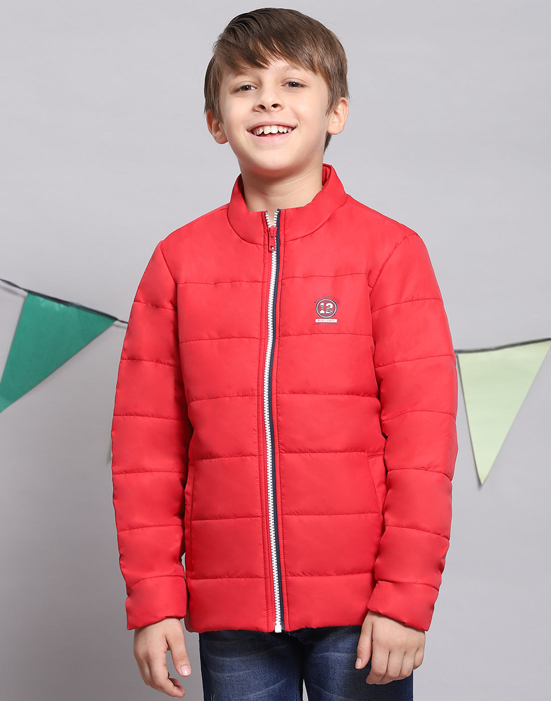 Boys Red Solid Stand Collar Full Sleeve Boys Jacket