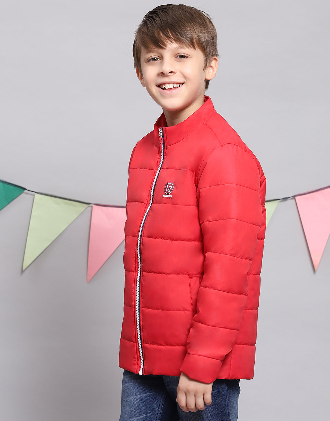Boys Red Solid Stand Collar Full Sleeve Boys Jacket