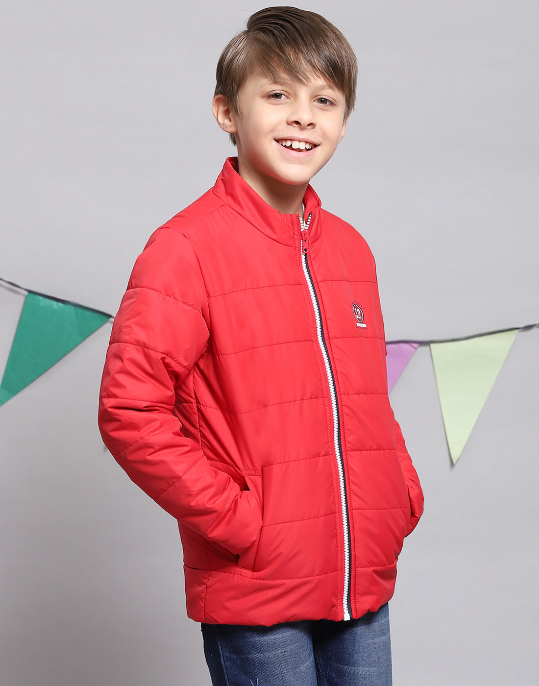 Boys Red Solid Stand Collar Full Sleeve Boys Jacket