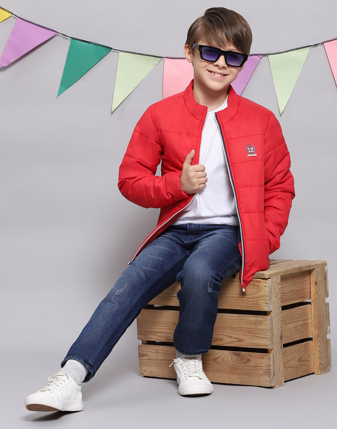 Boys Red Solid Stand Collar Full Sleeve Boys Jacket