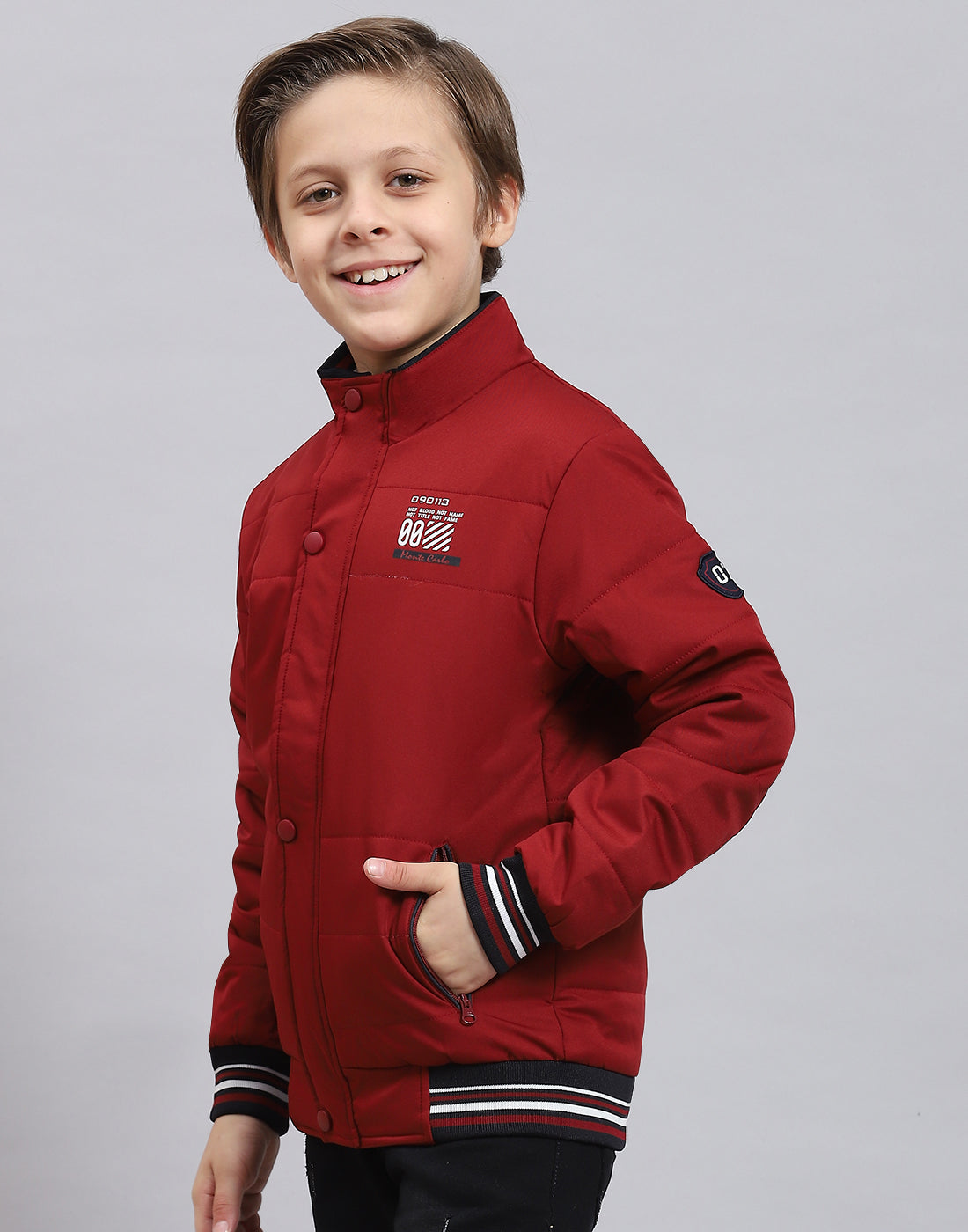 Boys Maroon Solid Stand Collar Full Sleeve Boys Jacket