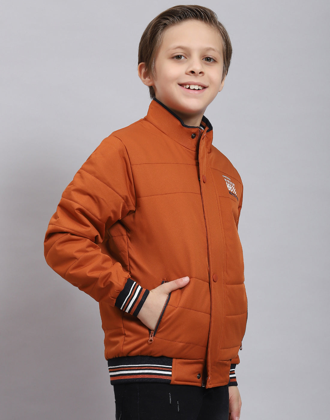 Boys Rust Solid Stand Collar Full Sleeve Boys Jacket